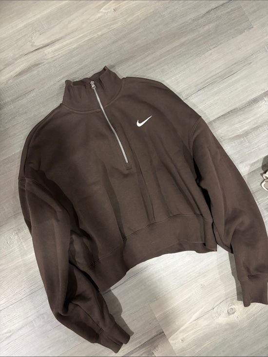 Nike Tops - Nike Chocolate Brown Half-Zip Cropped Sweatshirt with White Swoosh